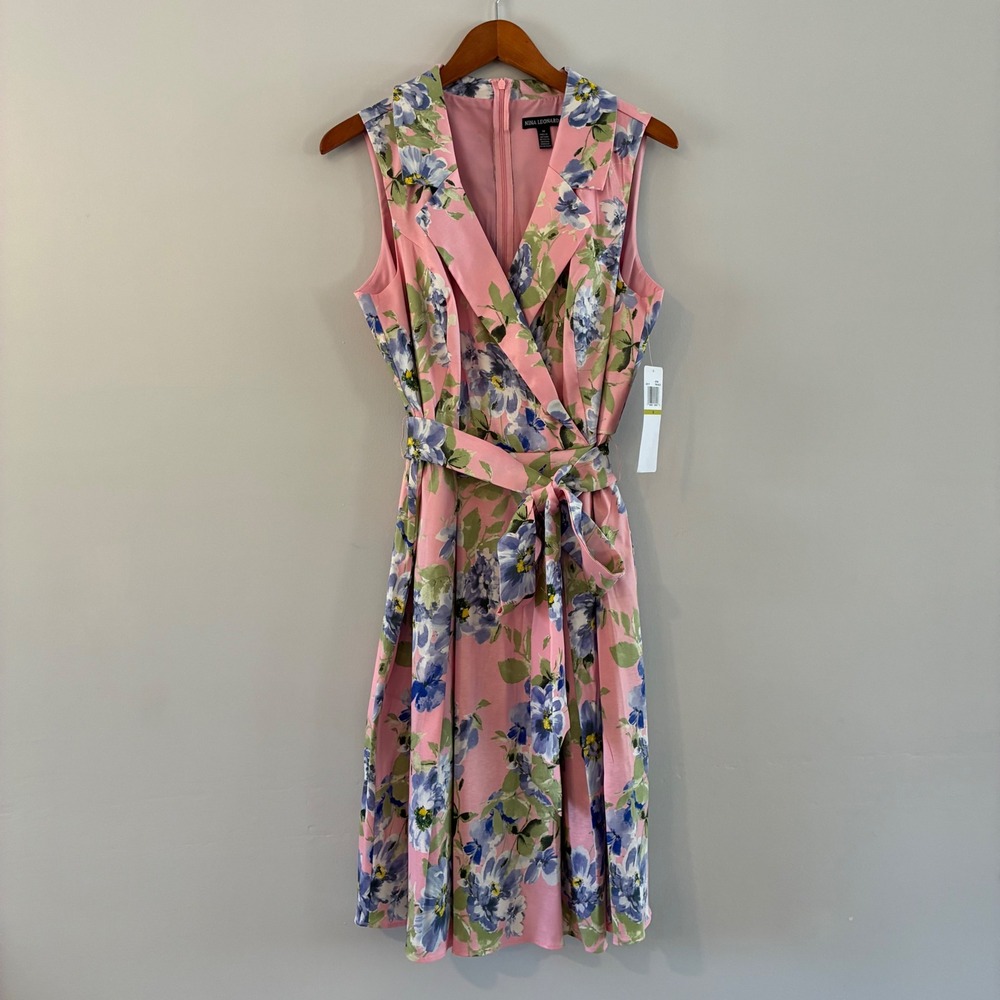 Nina Leonard Dress Wom 14 Floral Sleeveless Midi Wrap Belted Cottage Wedding Tea